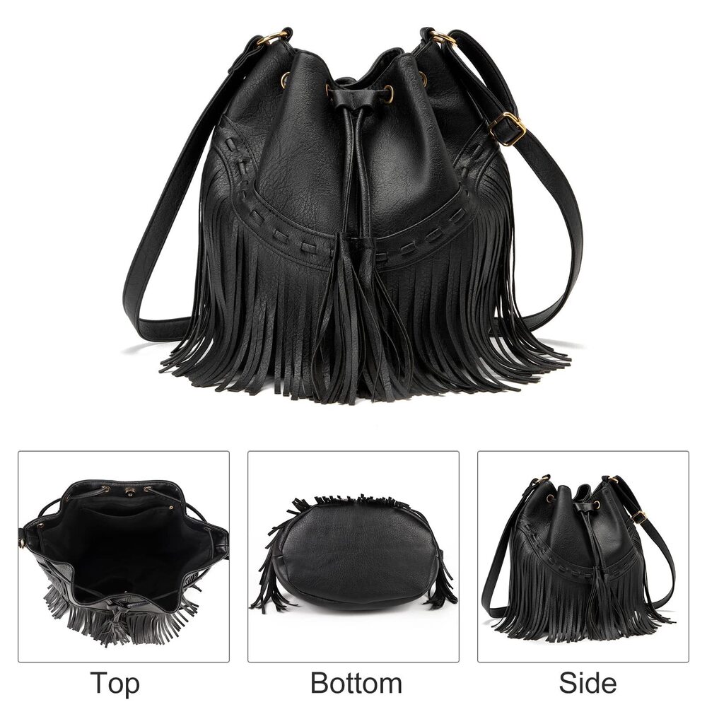 6916 Leather Bucket Bags Crossbody Fringe Purses with Drawstring Tassel - Picture 7 of 7